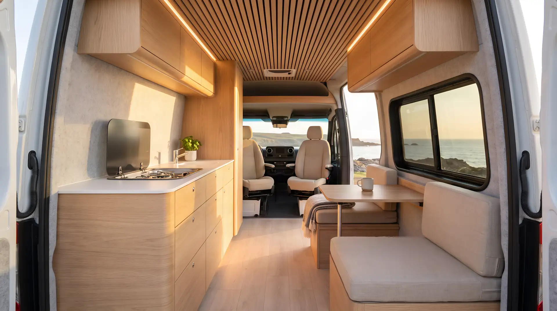 Fourgon aménagé portes arrière ouvertes : lit, meubles en bois et cuisine, face à un paysage au coucher du soleil